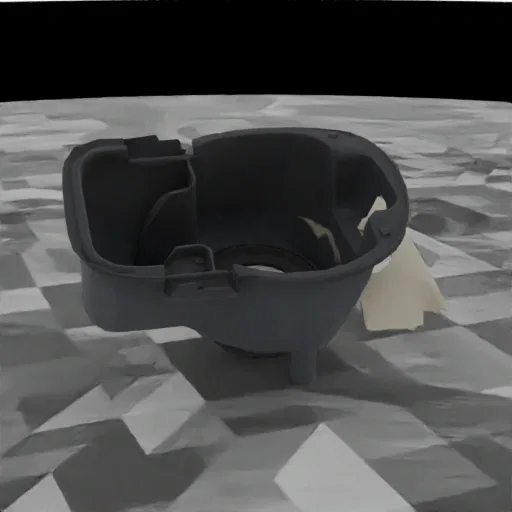 3D model of a gray plastic vacuum cleaner dustbin, shown from a slightly elevated side angle on a checkered surface.