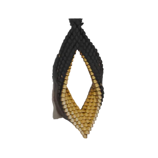 A 3D model of a black and gold earring with a textured serpent scale design, shaped like a stylized leaf.