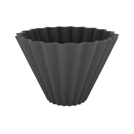 A 3D model of a dark gray coffee filter holder with a distinctive origami-inspired folded design, presented on a white backgr