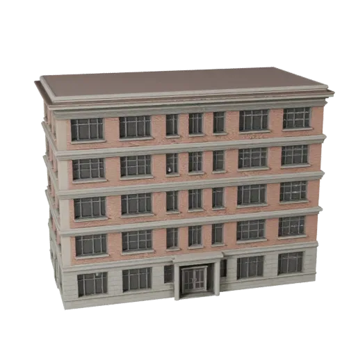 Office Facade realistic 3D model, three-quarter exterior view, showing building facade materials and architectural detail
