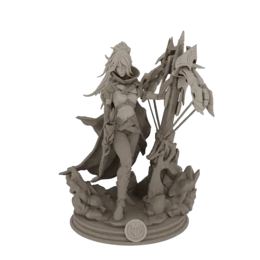 3D model render of a fantasy archer with a bow, standing on a rocky base, detailed sculpt for 3D printing.