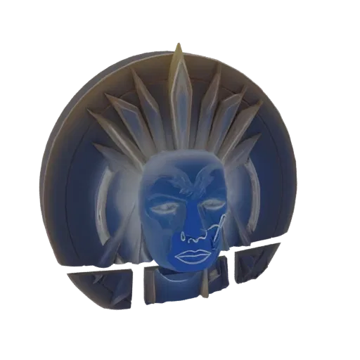 Modelo 3D de una máscara antigua estilizada con cara azul y un tocado radiante de rayos de sol dorados, sobre un fondo blanco