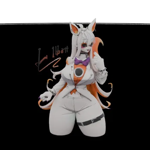 3D model of Glamrock Foxy in an anime style, wearing a white suit and purple bowtie, with orange accents and foxy ears.