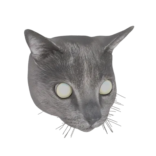 3D model of a gray cat's head with luminous yellow eyes and detailed fur texture, set against a white background.