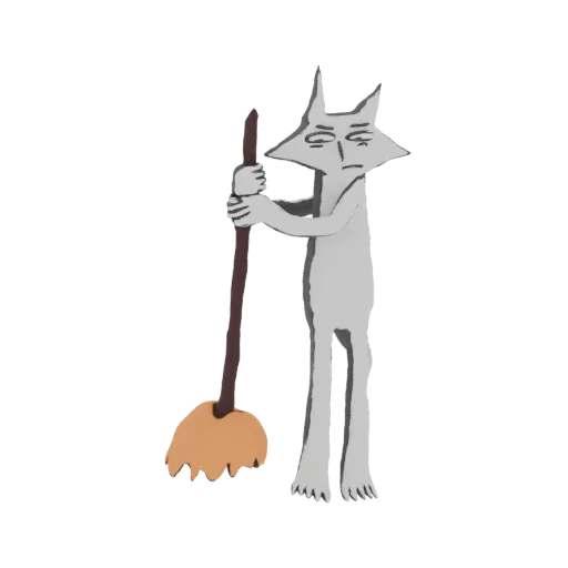 A 3D model of a grumpy-looking grey wolf character standing and holding a broom, with a white background.