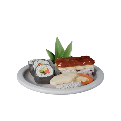 Homestyle Sushi Set High Poly 3D model, close-up studio render, showing sauces, plated composition.