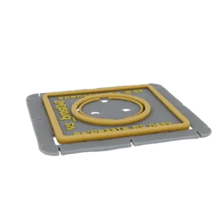 Render 3D di un anello giallo su una base grigia con testo giallo in rilievo, presentato su uno sfondo bianco.