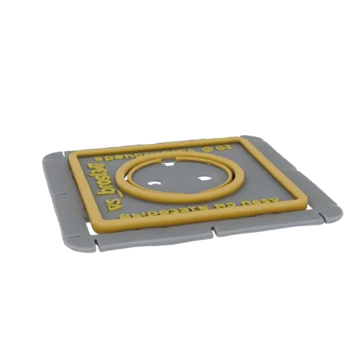 3D render of a yellow ring on a grey base with yellow embossed text, presented on a white background.
