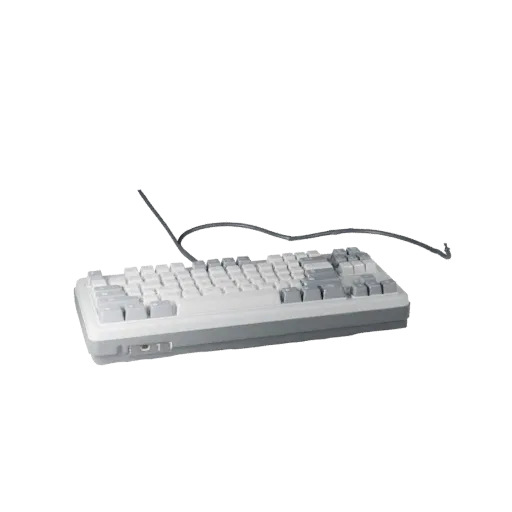 Wireless Mechanical Keyboard 3D model, three-quarter front view, Unity viewport, showing plastic shells, desktop scale.
