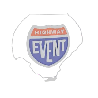 Modèle 3D d'un panneau bouclier d'autoroute classique avec le texte 'HIGHWAY EVENT' en lettres grasses, aux couleurs rouge, b