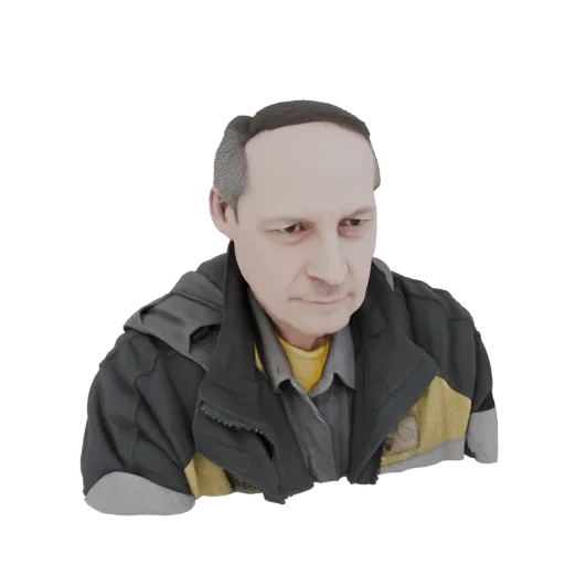 3D model render of a man wearing a grey and yellow jacket, looking slightly down.