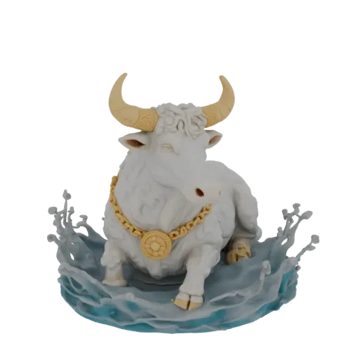 3D model of a majestic white bull with golden horns and chain, resting in a base of clear blue water with splashes.