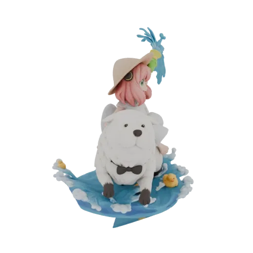 3D model of Anya Forger and Bond Forger from Spy x Family, riding on a blue water base with rubber duckies.