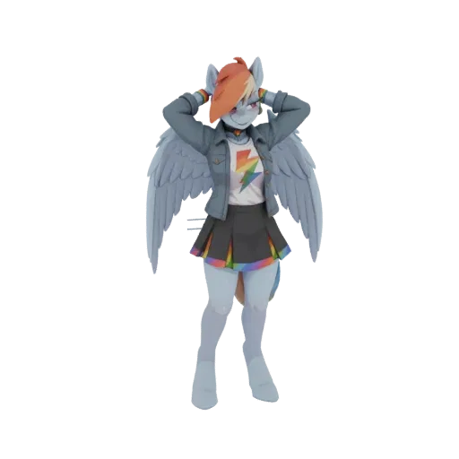 3D model of Rainbow Dash wearing a denim jacket, t-shirt with lightning bolt, and a rainbow-trimmed skirt, with hands near he