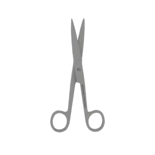 3D model of a pair of sterile, metallic surgical scissors with pointed blades and finger loops, presented on a black backgrou