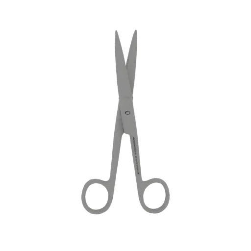 3D model of a pair of sterile, metallic surgical scissors with pointed blades and finger loops, presented on a black background.