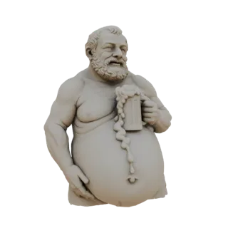 Rendu 3D d'un buste gris d'un homme joyeux et en surpoids avec une barbe, tenant une chope de bière avec de la mousse déborda