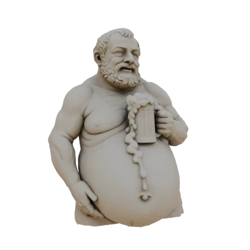 Render de modelo 3D de um busto cinza de um homem alegre e acima do peso com barba, segurando uma caneca de cerveja com espum