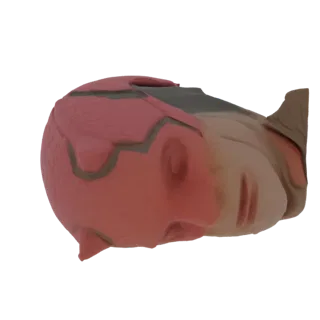 Una renderización 3D de una cabeza de personaje sci-fi estilizada, predominantemente rosa con acentos grises y placas segment