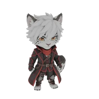 3D-Modell eines Chibi-Schneeleoparden-Kriegers mit weißem Fell, bernsteinfarbenen Augen und einer detaillierten dunkelroten u
