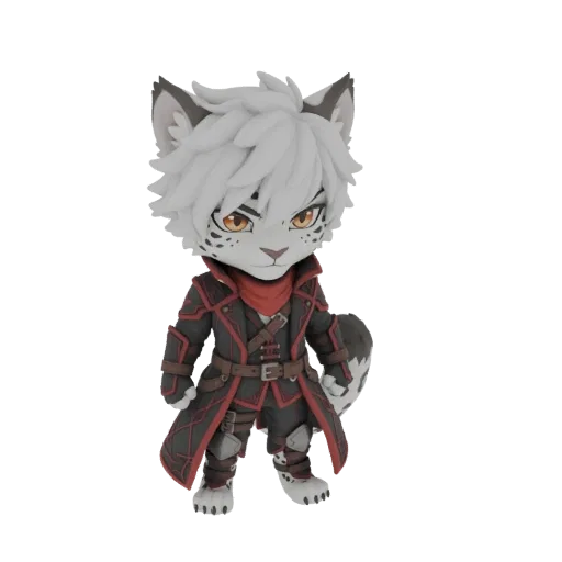 Modelo 3D de um guerreiro leopardo das neves chibi com pelo branco, olhos âmbar e um traje detalhado em preto e vermelho escu