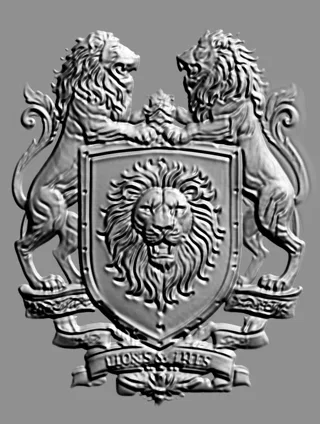 Modelo 3D de relevo de brasão com dois leões, escudo e cabeça de leão no centro, com fita inferior