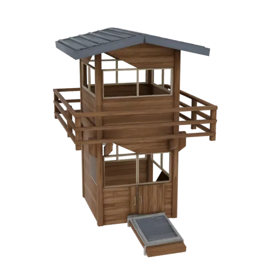 Render 3D de una cabaña rústica de torre vigía forestal de madera con techo metálico gris y balcón circundante.