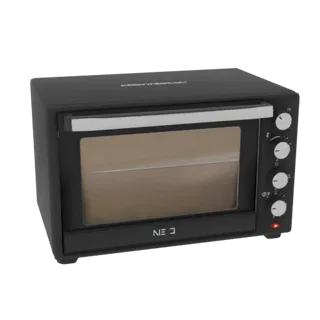 Modelo 3D de un horno eléctrico compacto negro con puerta de cristal y asa plateada, con perillas de control en el lateral.