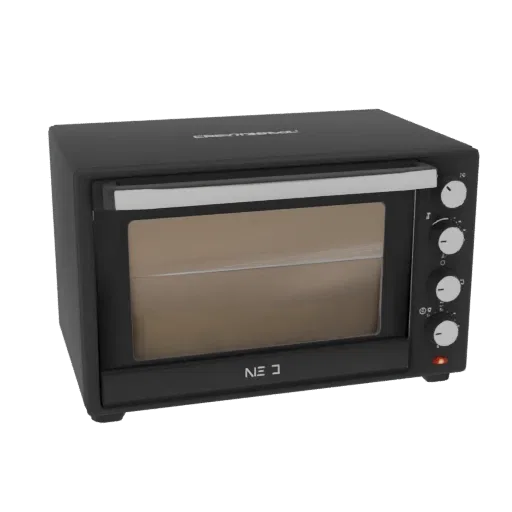 Modelo 3D de um forno elétrico compacto preto com porta de vidro e alça prateada, apresentando botões de controle na lateral.