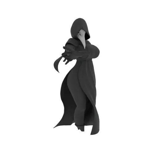 A 3D model of a Plague Doctor wearing a beaked mask and a dark, flowing robe, with arms outstretched.