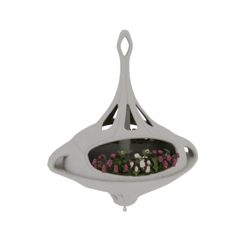 A futuristic, white, organically shaped hanging planter with a central bed filled with pink and white flowers, suspended by a