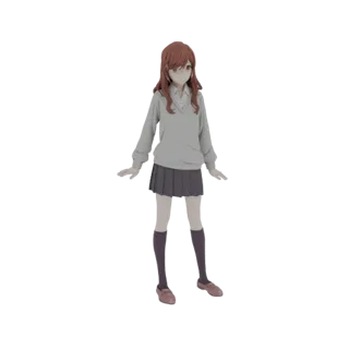 Modèle 3D d'une écolière style anime portant un pull gris, une chemise blanche et une jupe plissée sombre, debout avec les br
