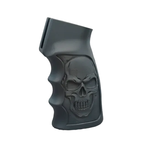 Side view of a dark gray 3D model of a pistol grip with a detailed skull engraving on its side.