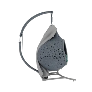 Side view of a 3D model of a modern gray egg-shaped hanging chair with intricate cutouts and a draped white fabric, suspended