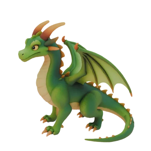 3D model of a green dragon with orange horns and wings, standing on a black background