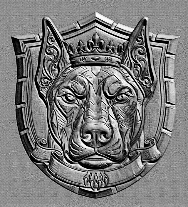 3D model of a baroque-style bas-relief featuring a dog's head wearing a crown, on a grey background