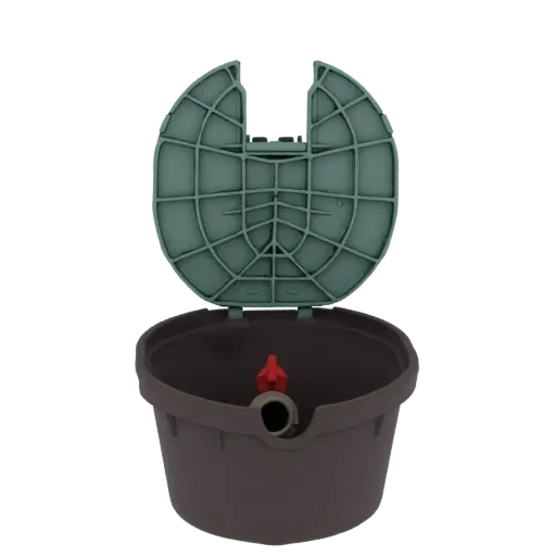 3D model of a dark gray outdoor water spigot cover with an open green hinged lid, revealing a red valve inside.