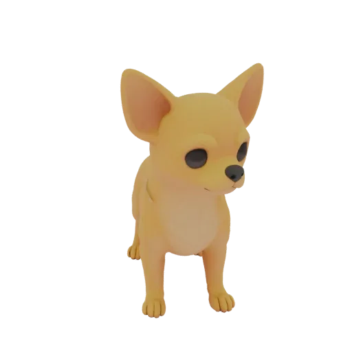 3D model of a golden animatronic chihuahua, standing on four paws, with large ears and expressive eyes.