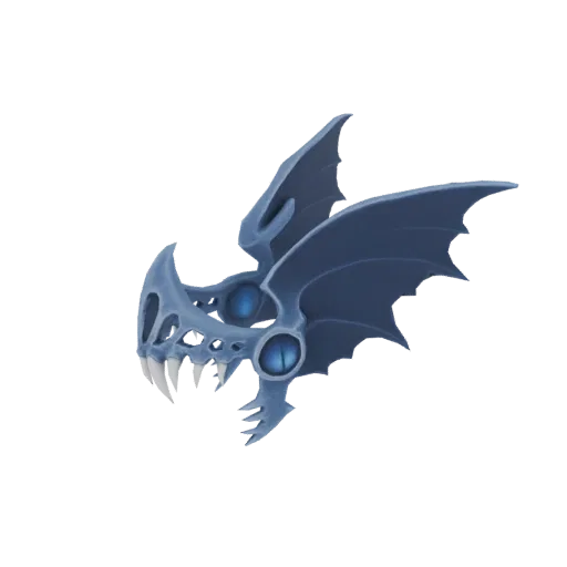 3D model of a dark blue dragon skull mask with sharp teeth and large, spread wings, set against a white background.
