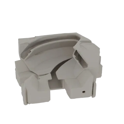3D render of an abstract geometric structure with interlocking angular shapes, presented in a matte grey finish.