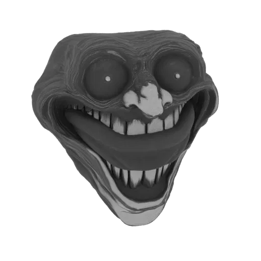 A grayscale 3D model of the Creepy Trollface meme, featuring a wide, menacing grin with sharp teeth and a protruding tongue.