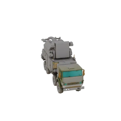 3D-Modell eines mobilen Flugabwehrsystems LKW mit großem Radar und Raketenwerfer auf einem militärischen LKW-Chassis.