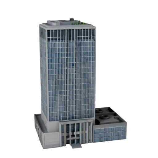 Futuristic Skyscraper low poly 3D model, game-ready exterior view, showing commercial office building materials and architect