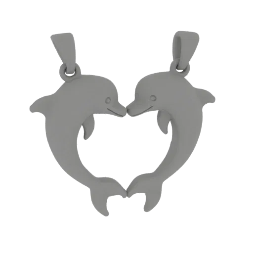 3D model of two gray dolphins forming a heart shape, with their heads close together and tails curving outwards.