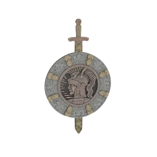 3D model of a Roman Centurion's circular shield with a profile bust and a gladius sword mounted vertically.