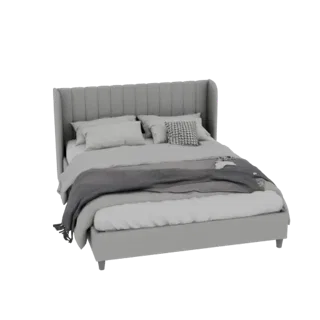 3D model of a modern grey bed with channel tufted headboard, plush pillows, and a draped throw blanket, set against a white b