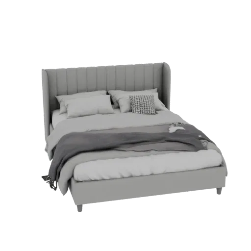 3D model of a modern grey bed with channel tufted headboard, plush pillows, and a draped throw blanket, set against a white b