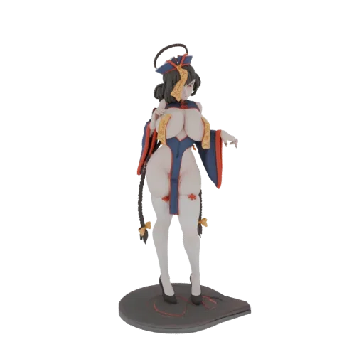 3D model of an anime sorceress in blue and gold flowing robes, with a halo and ornate details, standing on a circular base.