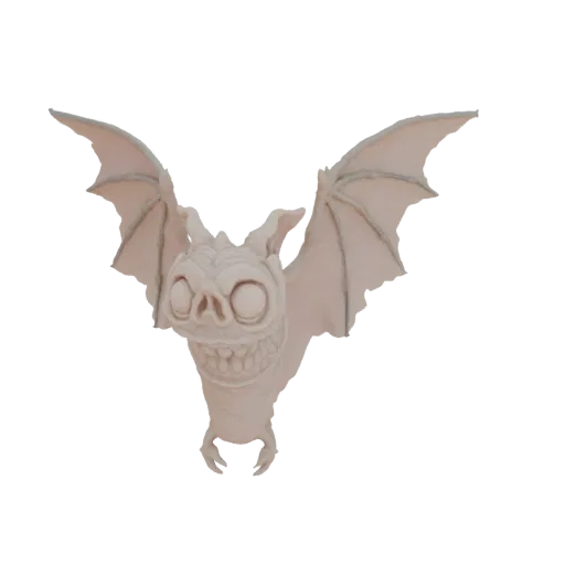 3D model render of a pale, creepy bat creature with a wide grin, large eyes, and tattered wings, against a white background.
