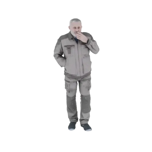 3D model of an elderly man wearing a grey work jacket and pants, with one hand in his pocket and the other near his face.